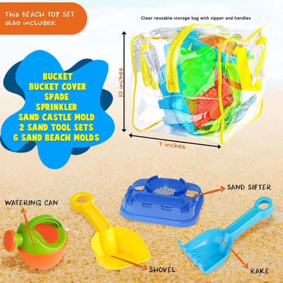Bramble - 13 Pack Beach Toy Set with Bag - Moulds, Bucket, Spade, Rake + More - Image 3