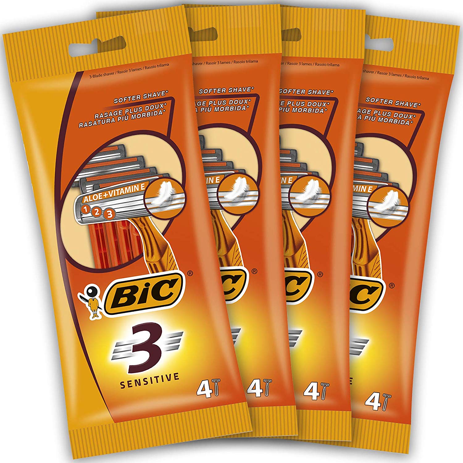 BIC 3 Sensitive, Men's Disposable Razors, Fixed Head Triple Blade for a Close Shave Bundle of 4 Packs of 4