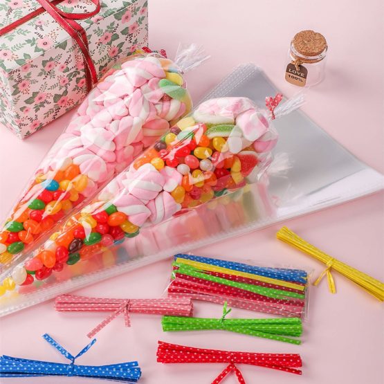 Whaline 100 Pcs Clear Cone Treat Bags Cellophane 37 x 18cm Sweet Cello Bags with 100 Assorted Twist Ties for Party - Image 4
