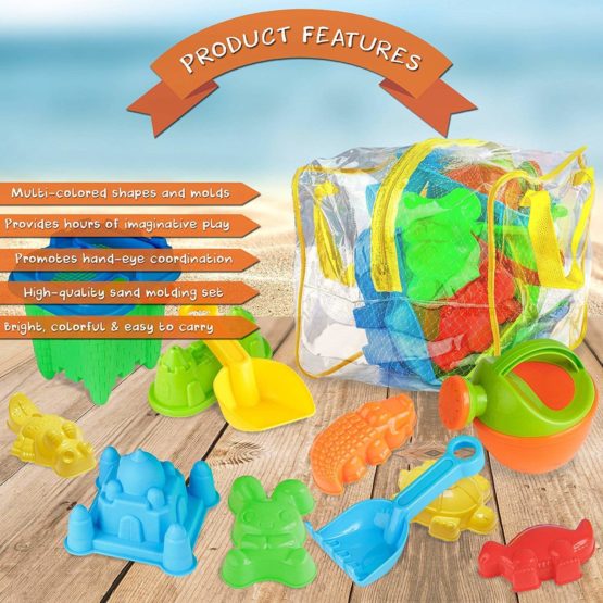 Bramble - 13 Pack Beach Toy Set with Bag - Moulds, Bucket, Spade, Rake + More - Image 4