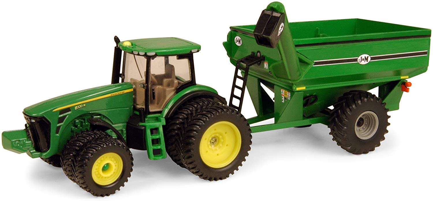 John Deere ERTL Tractor Toy with J&M Grain Cart, 1:64 Scale, Farm and Construction Toys, Authentic Die-Cast Tractor Toys