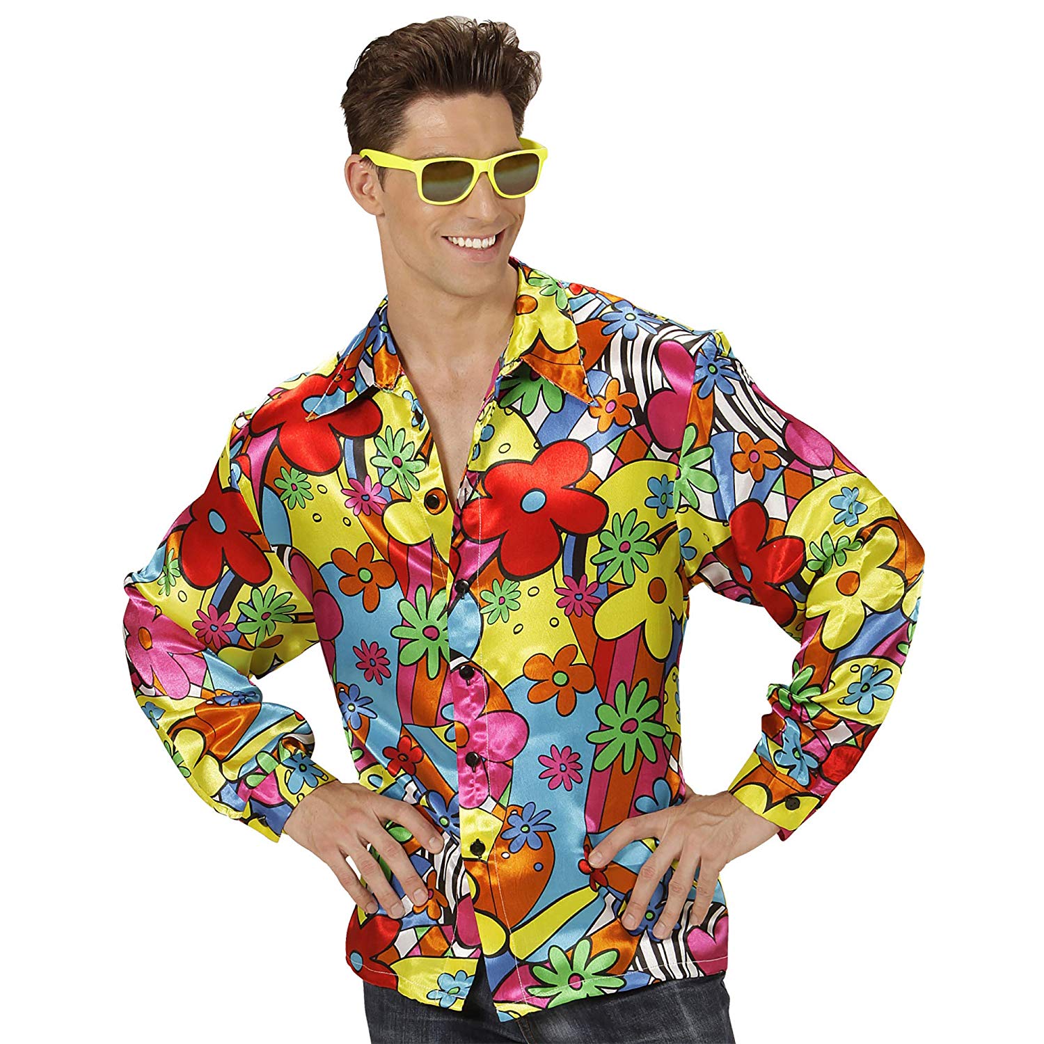 Flower Power Shirt Costume Large for 60s 70s Hippy Fancy Dress, Blue - Image 3