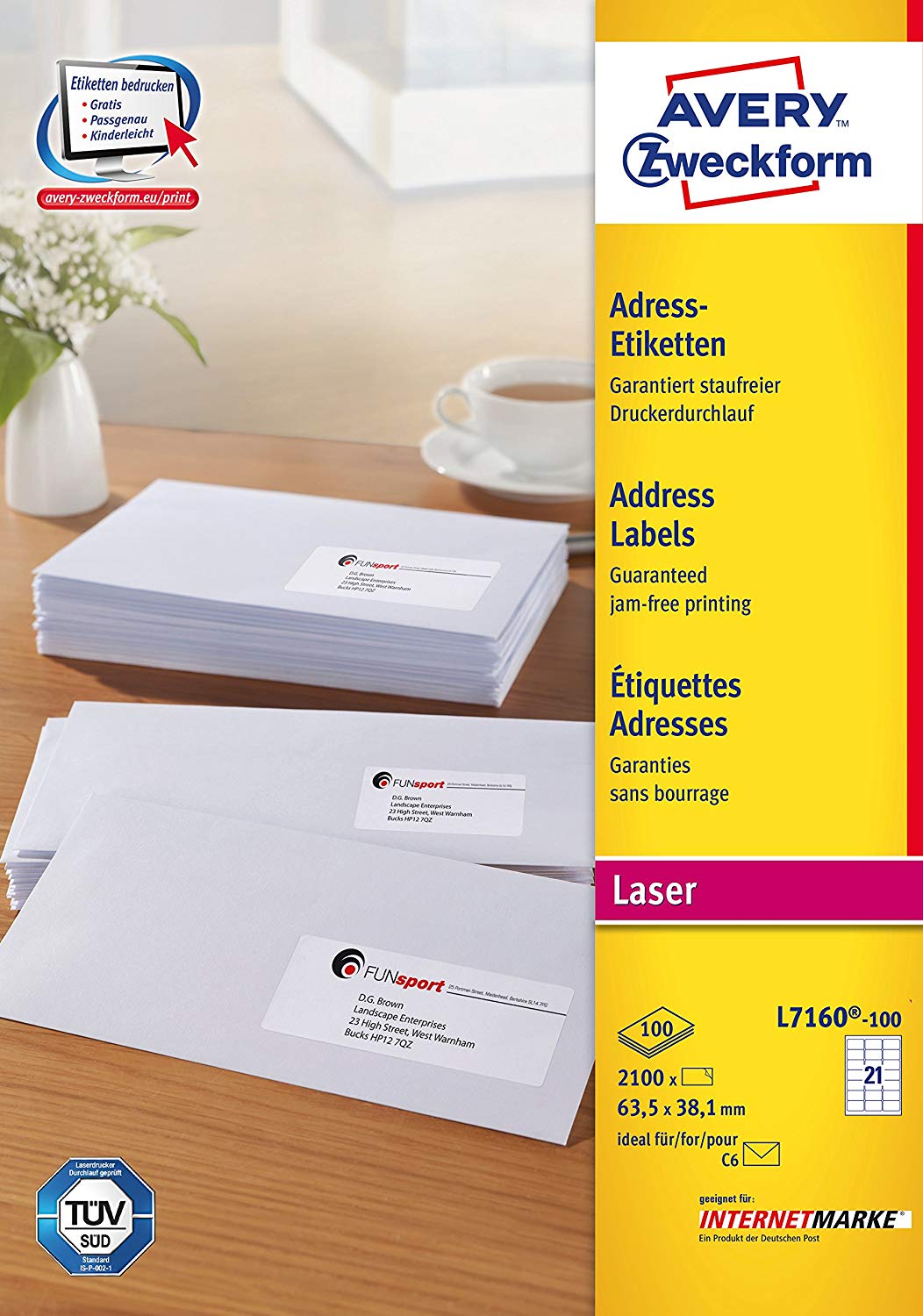 Avery Zweckform L7160-100 Address Labels 63.5 x 38.1 mm for C6 Envelopes 100 Sheets, White, 100 Blatt - Image 2
