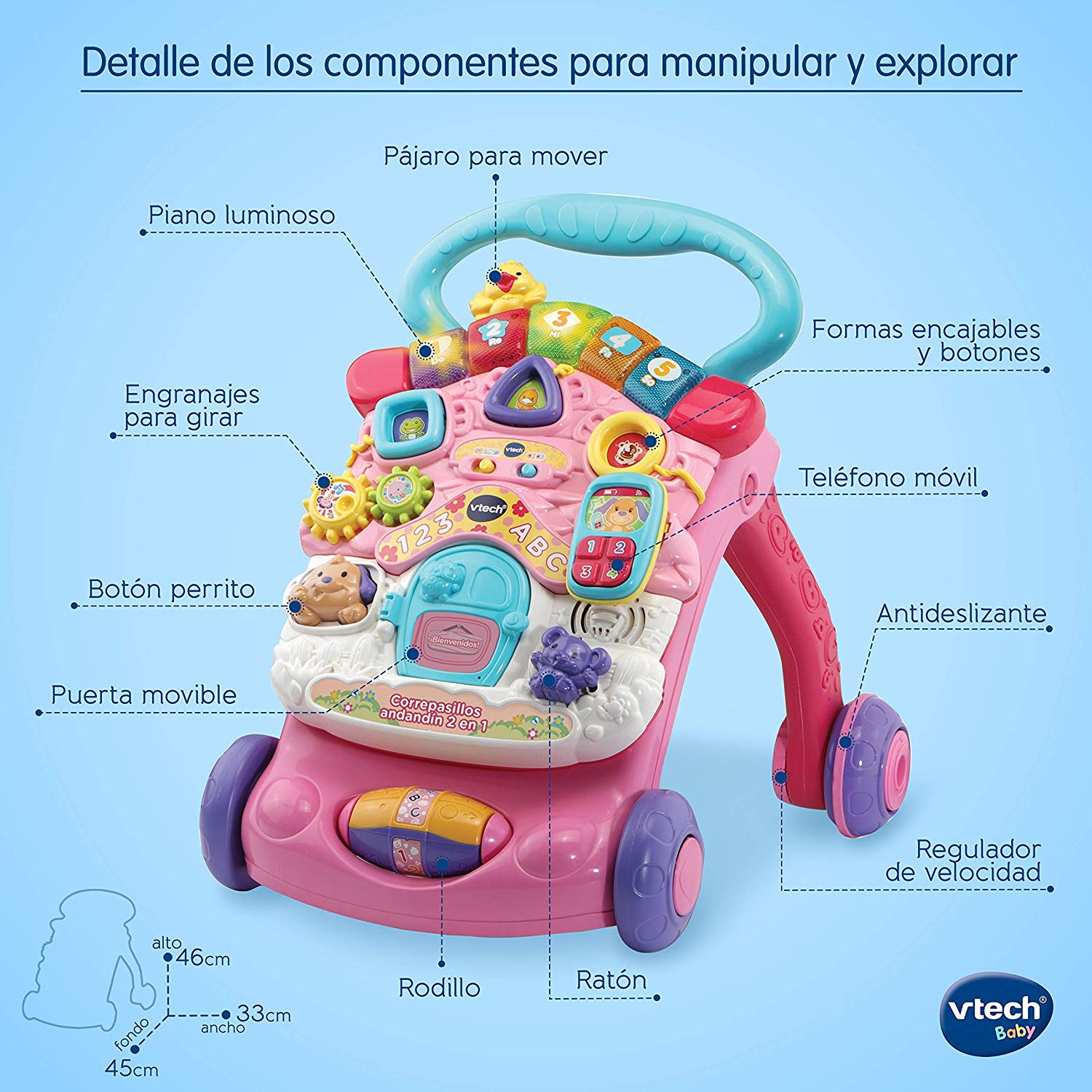 VTech, 2 in 1 Walker Walker with Music and Lights, Folding Legs, Removable Panel, Speed Regulator, Pink, ESP Version - Image 2