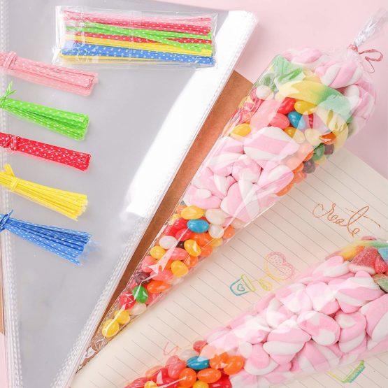 Whaline 100 Pcs Clear Cone Treat Bags Cellophane 37 x 18cm Sweet Cello Bags with 100 Assorted Twist Ties for Party - Image 3