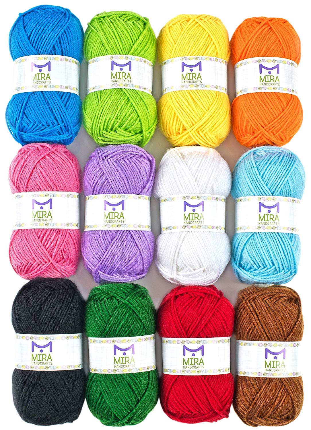 Mira Handcrafts 8 Acrylic Yarn Bonbons | Total of 525 yards Craft Yarn |  Includes 2 Crochet Hooks, 2 Weaving Needles, 7 E-books | DK Yarn for  Knitting