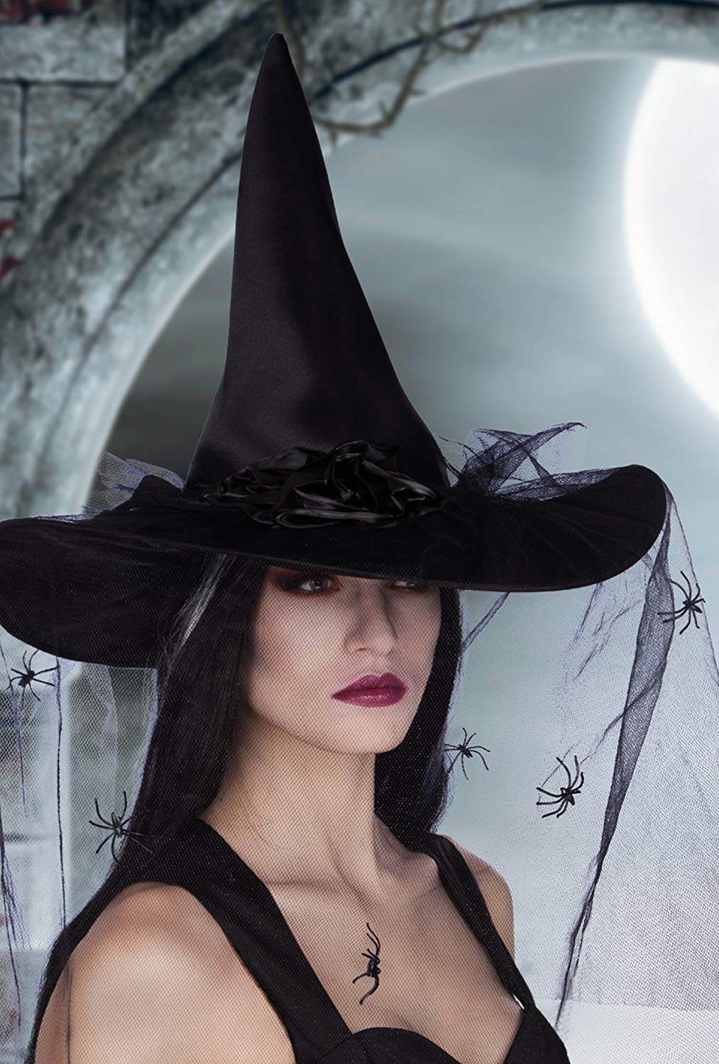 Boland Esmeralda Witch Hat with Veil, Black Pointed Witch Hat for Adults with Spider Detail and Roses - Image 3