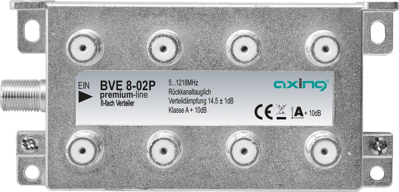 Axing BE Splitter for Cable Multimedia Digital TV 5-1218 MHz F-Connector Metal, 8-fach