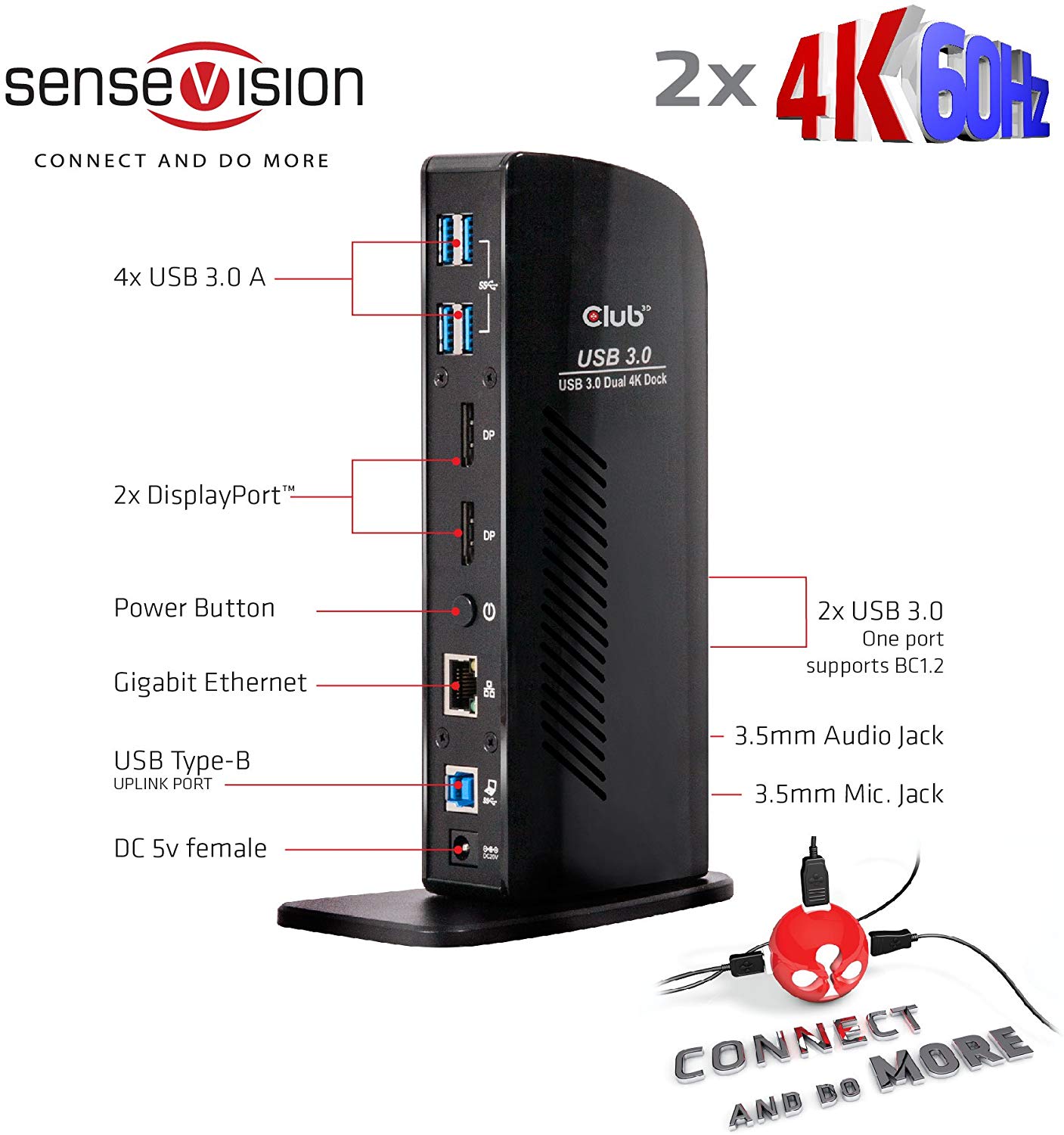 Club 3D CSV-1460 USB 3.0 Dual Display 4K 60Hz Docking Station Black - Image 3