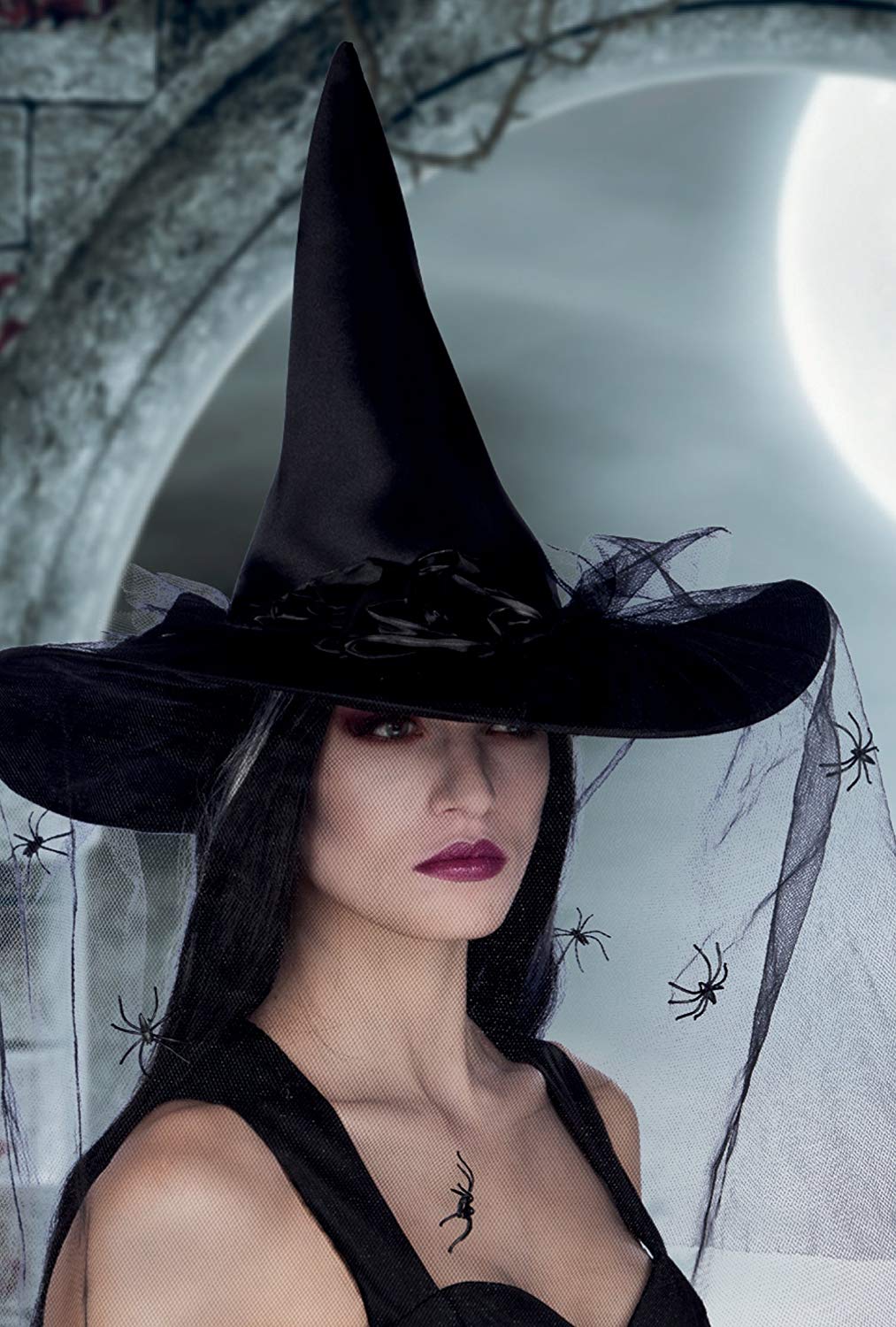 Boland Esmeralda Witch Hat with Veil, Black Pointed Witch Hat for Adults with Spider Detail and Roses - Image 2