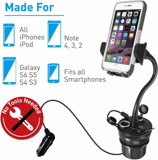 Macally MCUPPOWER 8-Inch (20 Centimeter) Super-Long Adjustable Car Cup Mount Phone Holder with 2 USB Ports and 2 Cigarette Lighter Sockets - Image 2
