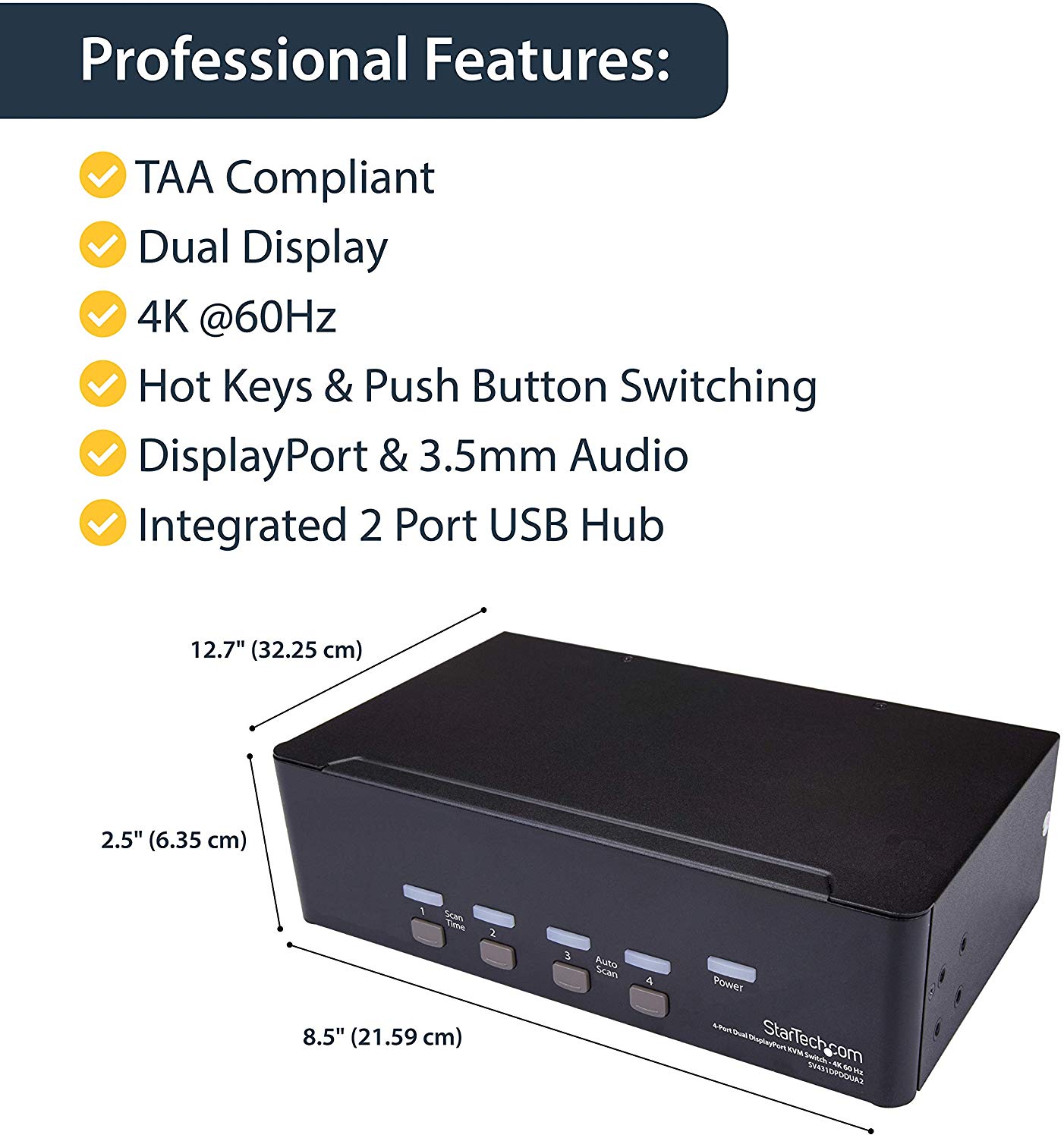 StarTech.com DisplayPort KVM, 4 port, 4K 60Hz, Dual Monitor KVM, DisplayPort Switch, KVM DisplayPort - Image 2