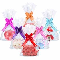 50 Counts 15 x 25 cm Clear Flat Cello Cellophane Treat Bags Cellophane Block Bottom Storage Bags Sweet/Party/Gift/Home Bags with Colorful Bag Ties (Style A)