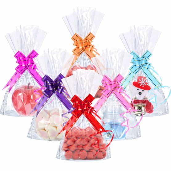 50 Counts 15 x 25 cm Clear Flat Cello Cellophane Treat Bags Cellophane Block Bottom Storage Bags Sweet/Party/Gift/Home Bags with Colorful Bag Ties (Style A)