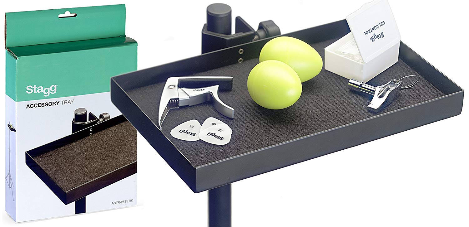 Stagg Accessory Tray with Clamp, Stand Attachment for Small Music Accessories, Schwarz, Full Size