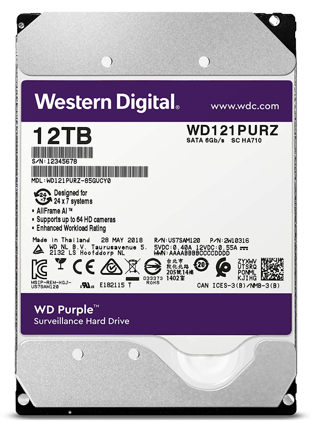 WD Purple 12TB Surveillance 3.5 Inch SATA 6 Gb/s Hard Disk Drive with Allframe 4K Technology, 360TB/yr, 256MB Cache 7200rpm - Image 3