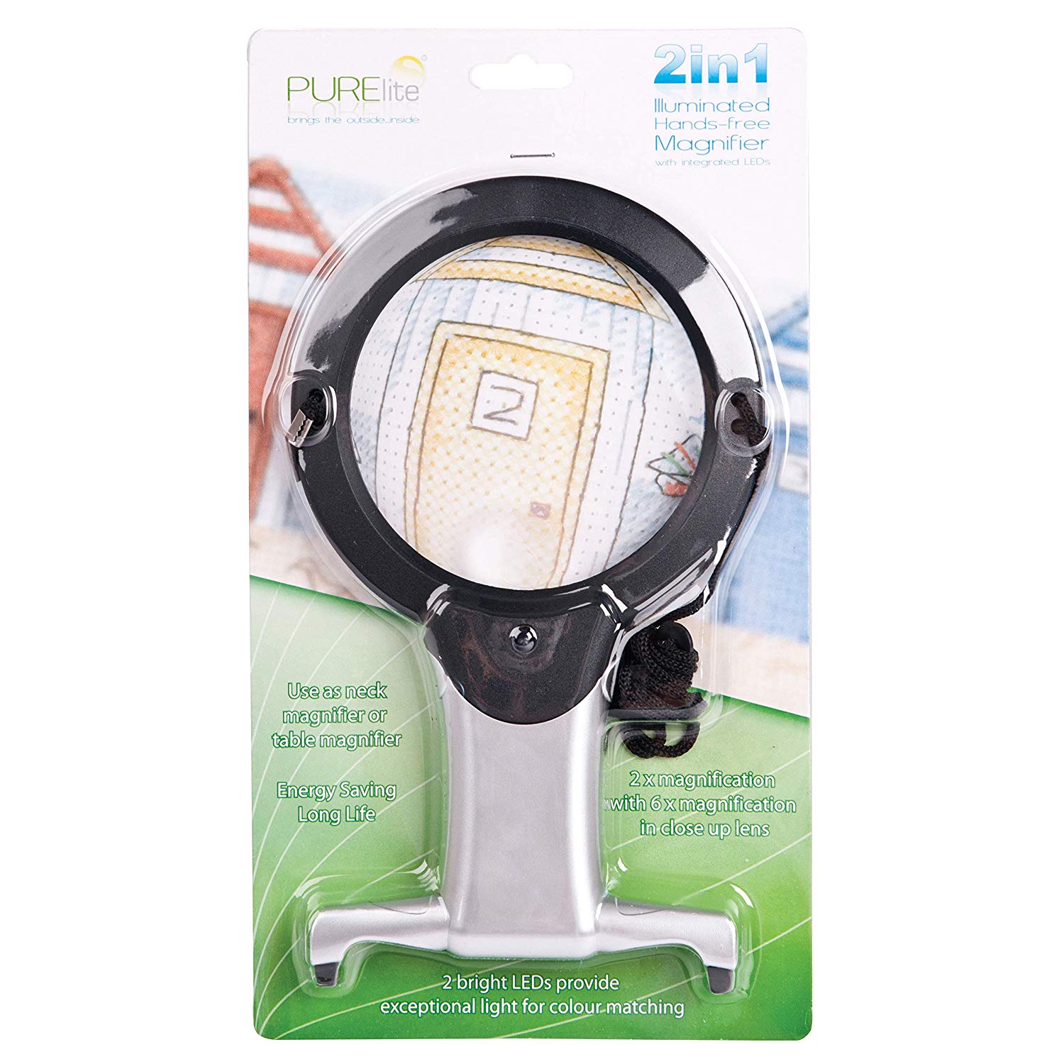 Purelite Illuminated Hands-Free Magnifier 2 in 1 LED, 107mm 2x Main Lens with Close Up Detail Lens - Image 2