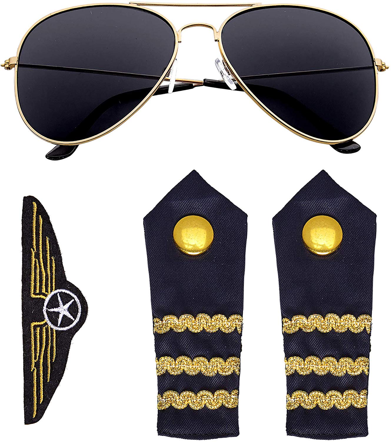 WIDMANN 00085 Pilot Set, 3 Pieces, Sunglasses, Epaulettes, Badge, Disguise Set, Accessory, Carnival, Theme Party (Blue/Gold)