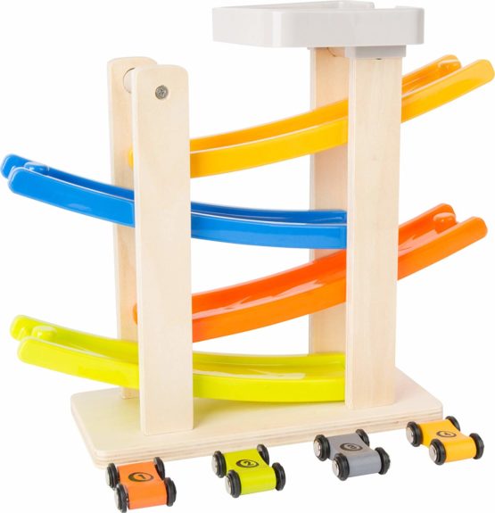 Small Foot 10602 Track of Wood Floors with Four Colourful Racing Cars which can Attached Parking lot