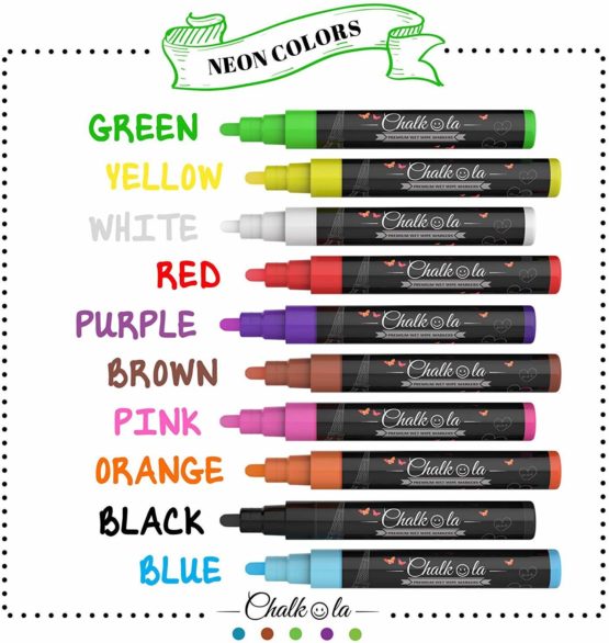 Chalk Pens - Pack of 10 neon Colour Markers. Used on Whiteboard, Chalkboard, Window, Blackboard - 6mm Reversible Bullet & Chisel Tip - Image 2