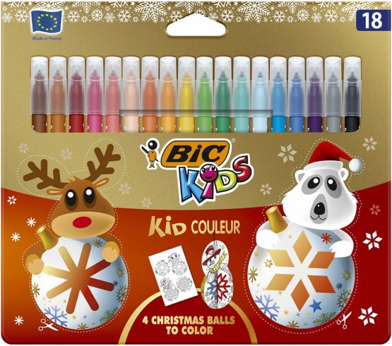 BIC Kids Kid Couleur Felt Tip Colouring Pens Medium Point, Christmas Edition - Assorted Colours, Pack of 18