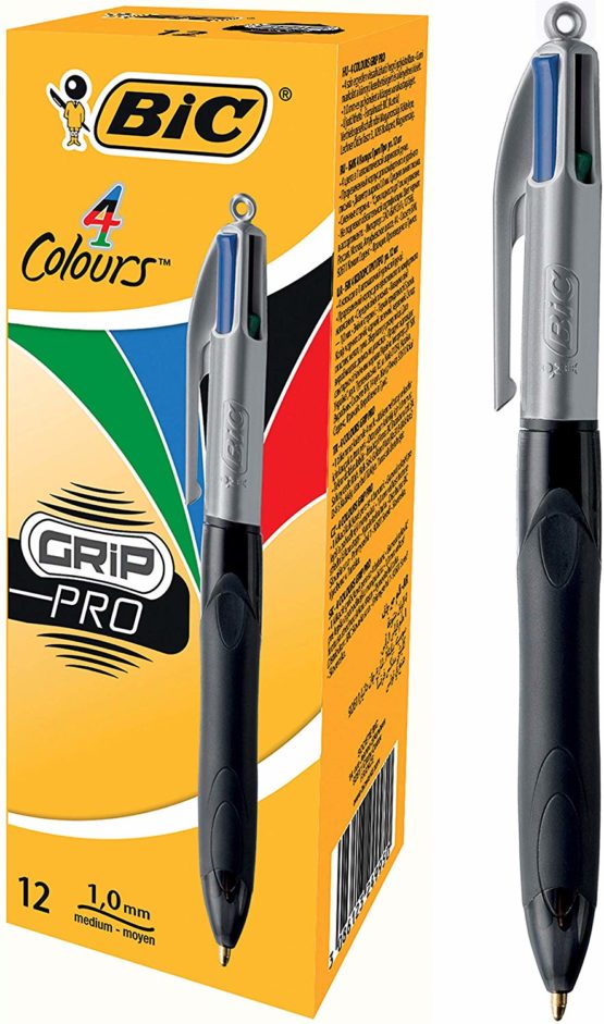 BIC 4 Colours Grip Pro Retractable Medium Point (1.0 mm) Ballpoint Pens, 12 Pens And Each Pen Contains 4 Colours