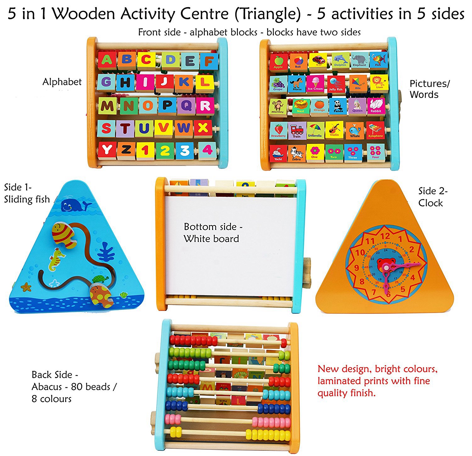 TOWO Activity Centre Triangle toys, Wooden Alphabet Blocks Abacus clock - Image 2