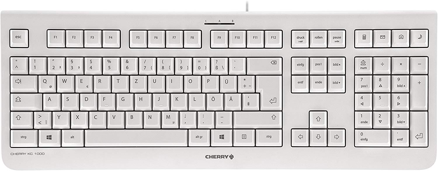 CHERRY KC 1000, Wired Keyboard, UK Layout (QWERTY), Plug & Play via USB Port, Flat Design, Whisper-Quiet Keystrokes, White-Grey