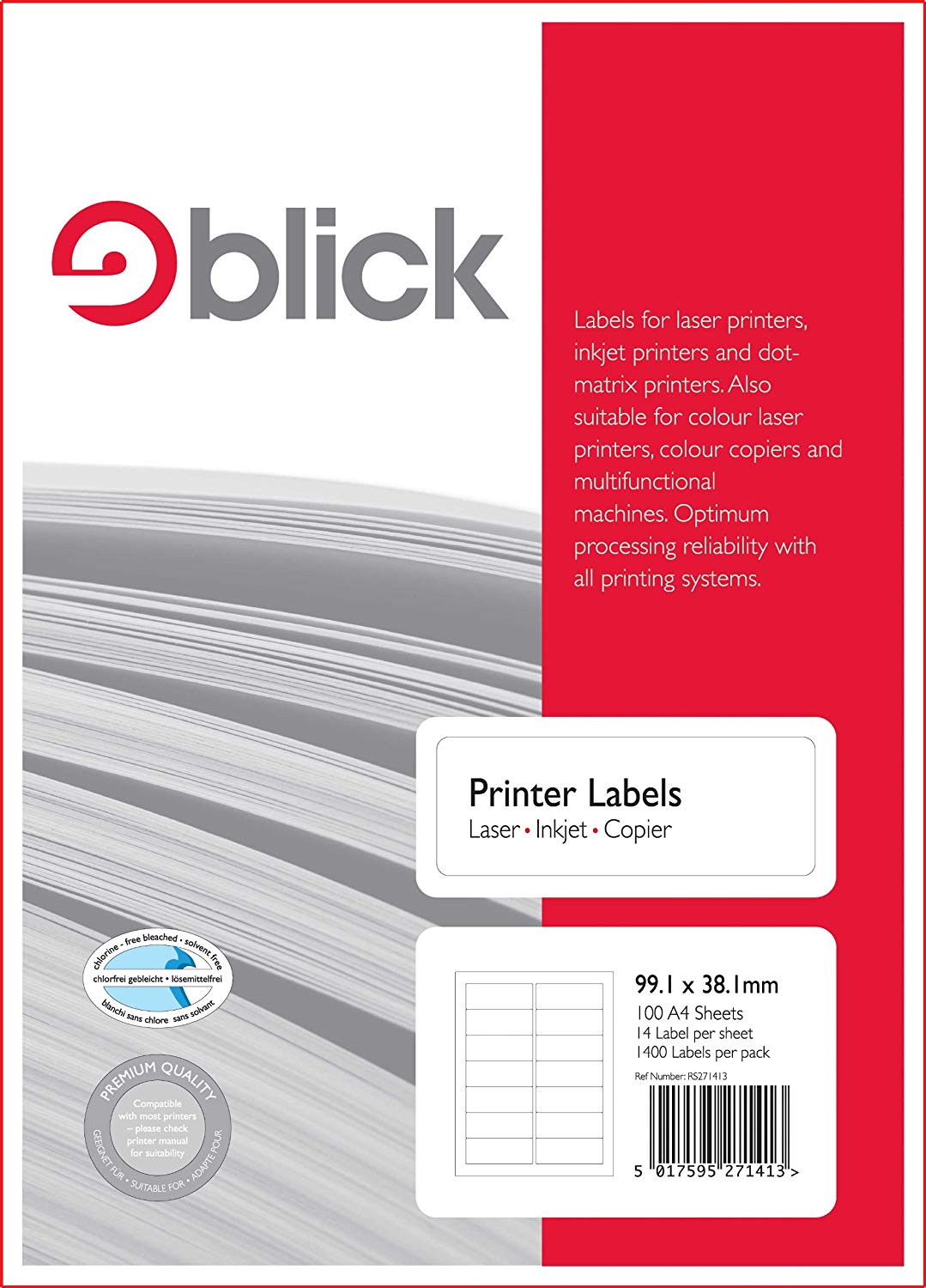 Blick Labels, White, 14 Per Sheet 100 Sheets, Rectangular, 99.1mm x 38.1mm, 1400 Labels, for Home Office, Family, School