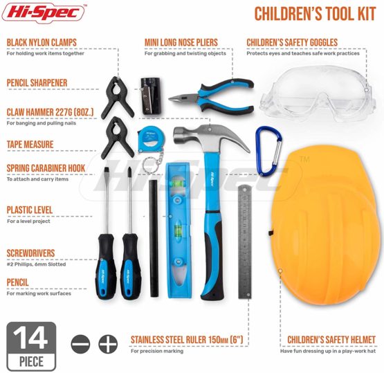 Hi-Spec 18 Piece Kid's Blue Tool Kit Set with Tool Bag. Real Metal DIY Hand Tools for Children & Starters Including Work Apron, Dust Glasses & More - Image 2
