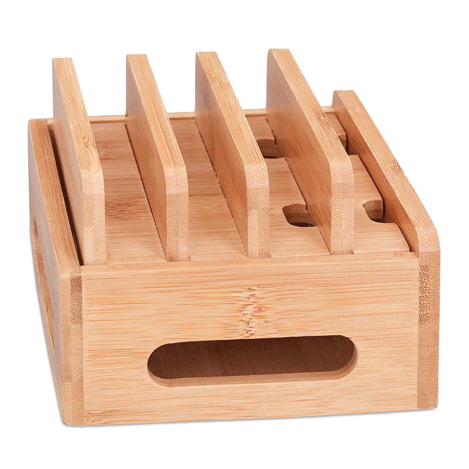 Relaxdays Bamboo Docking Station, Desk Phone Stand for 6 Devices, Wooden Cable Box, HWD 9 x 17 x 13 cm, Natural - Image 3