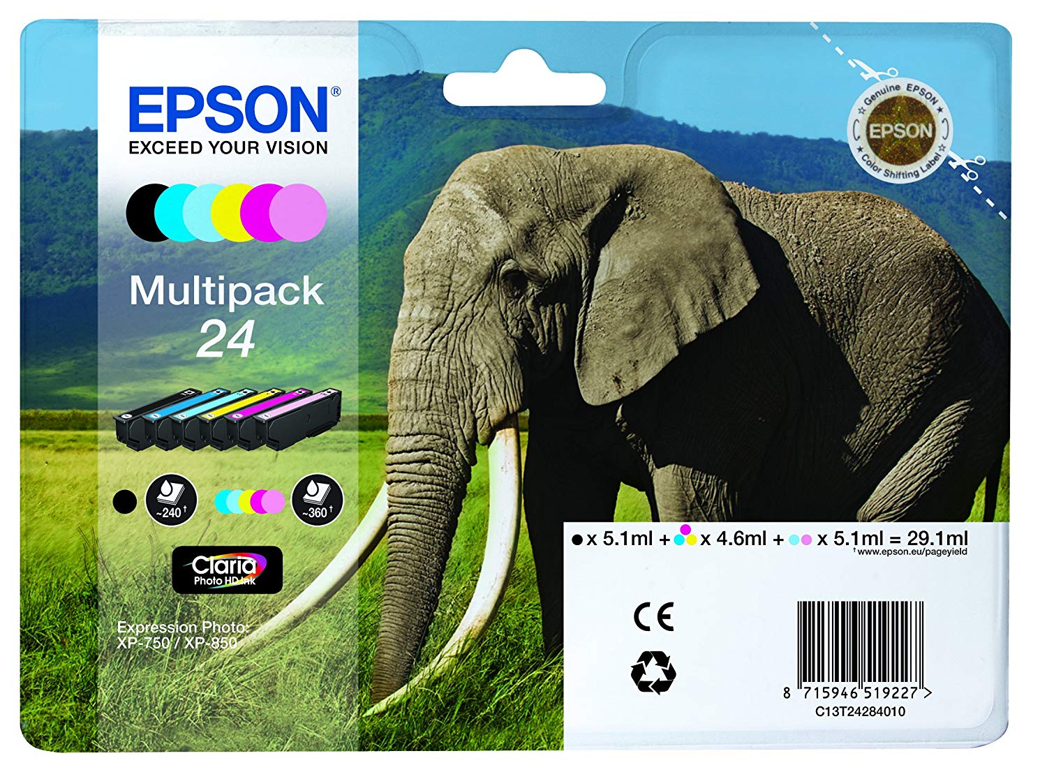Epson 24 Elephant Genuine Multipack, 6-colours Claria Photo HD Ink Cartridges, 6 Colour C/M/Y/B/lC/lM, Standard