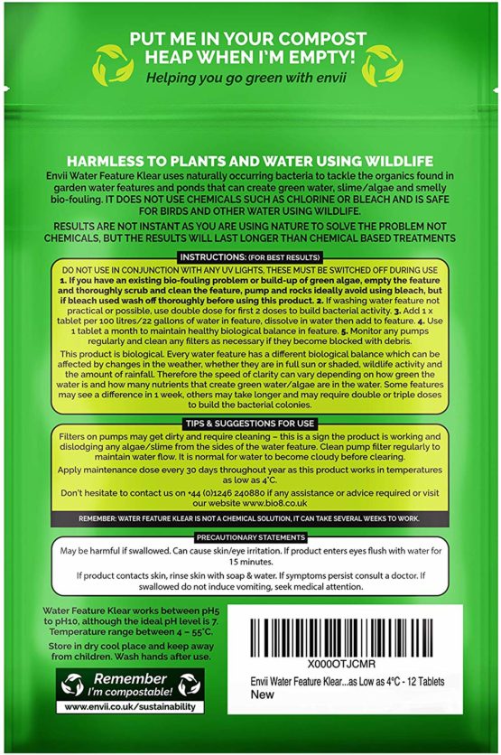 Envii Water Feature Klear - Natural Water Feature Cleaner That Helps Clear Green Water - Contains 20 Tablets - Image 2