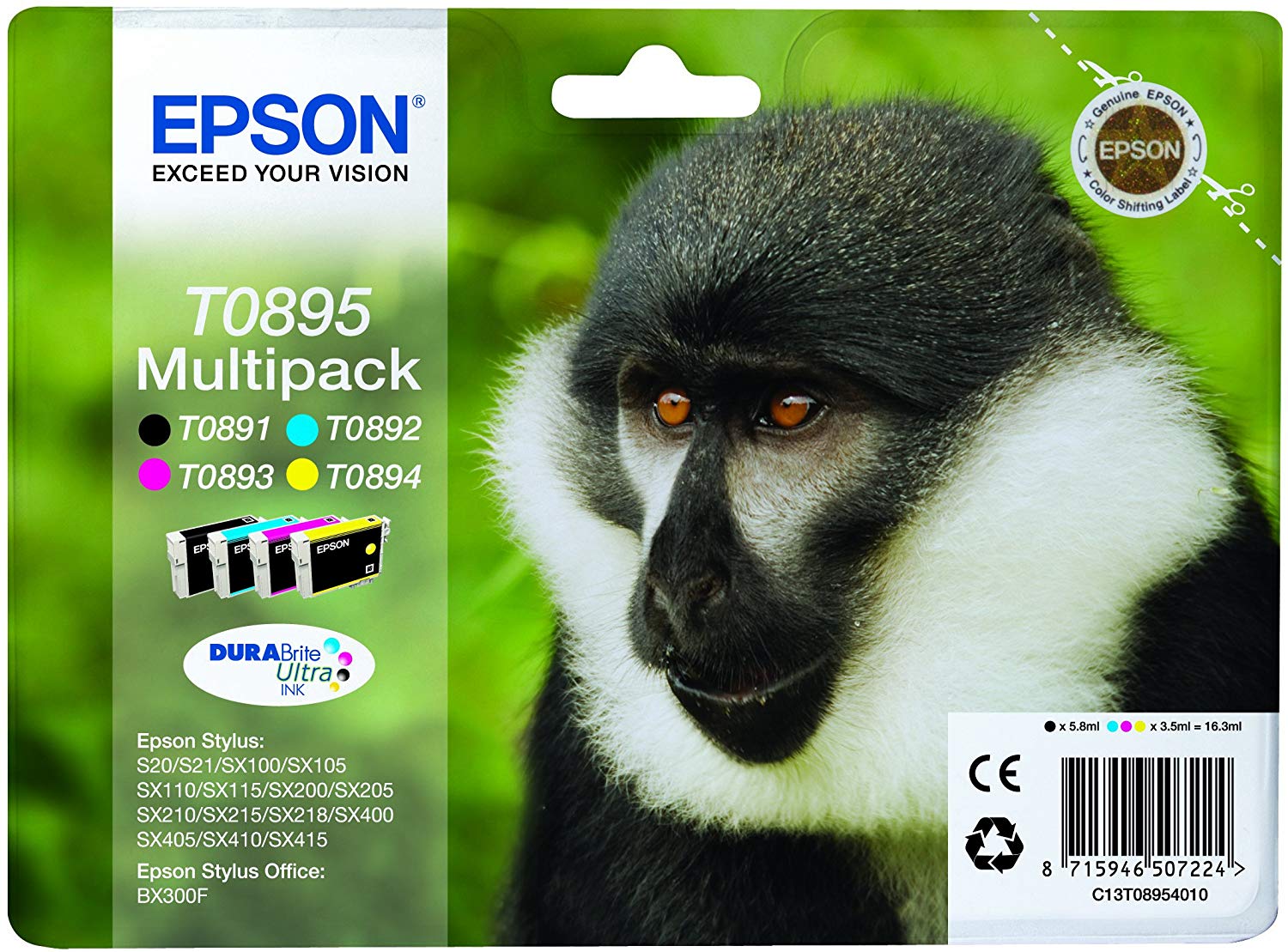 Epson T0895 Monkey Genuine Multipack, 4-colours Ink Cartridges, DURABrite Ink, Multipack (Schwarz,Cyan, Magenta,Gelb, Foto Schwarz)