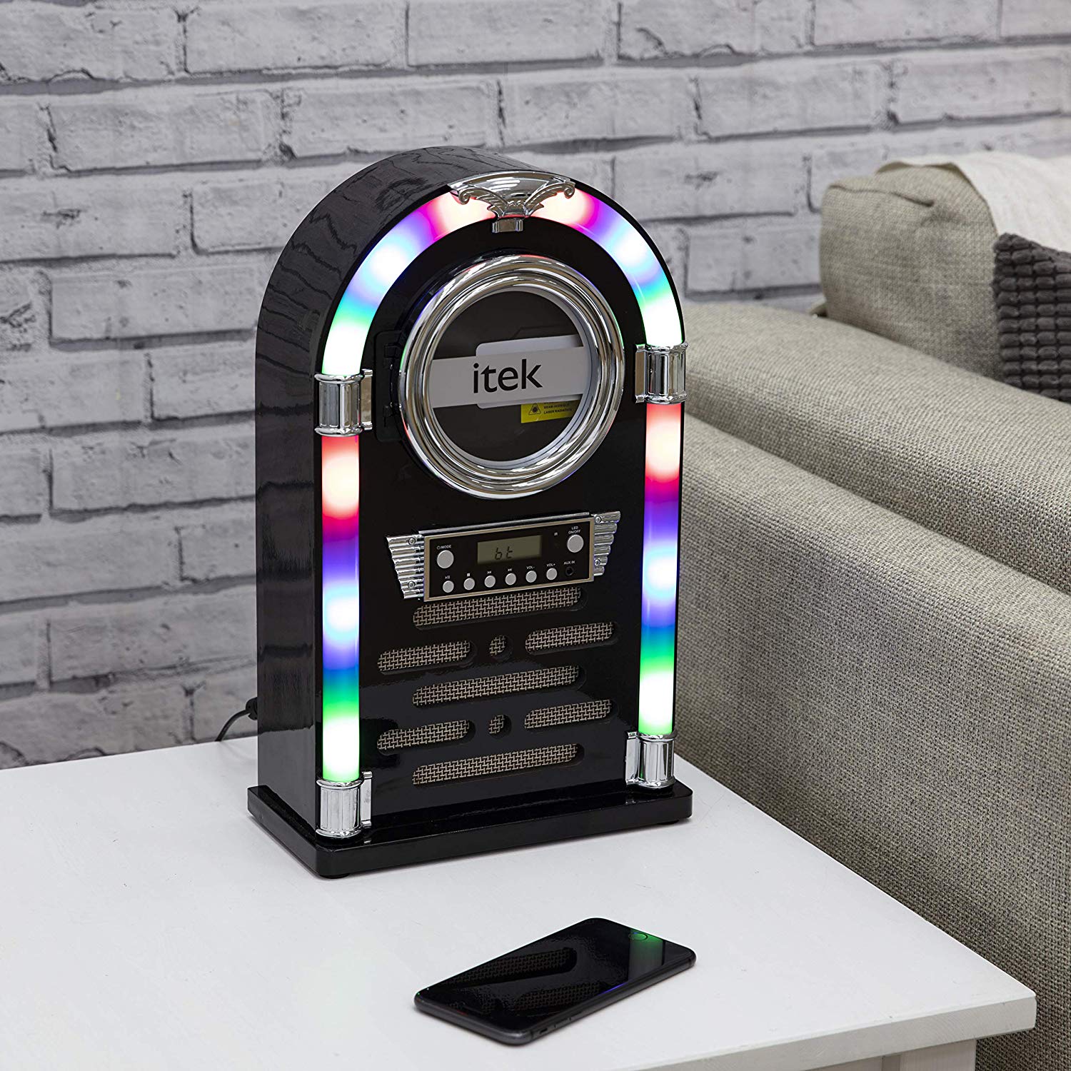 iTek Jukebox with CD Player, FM Radio and Bluetooth Connection, Remote Control Included, Gloss Black - Image 2