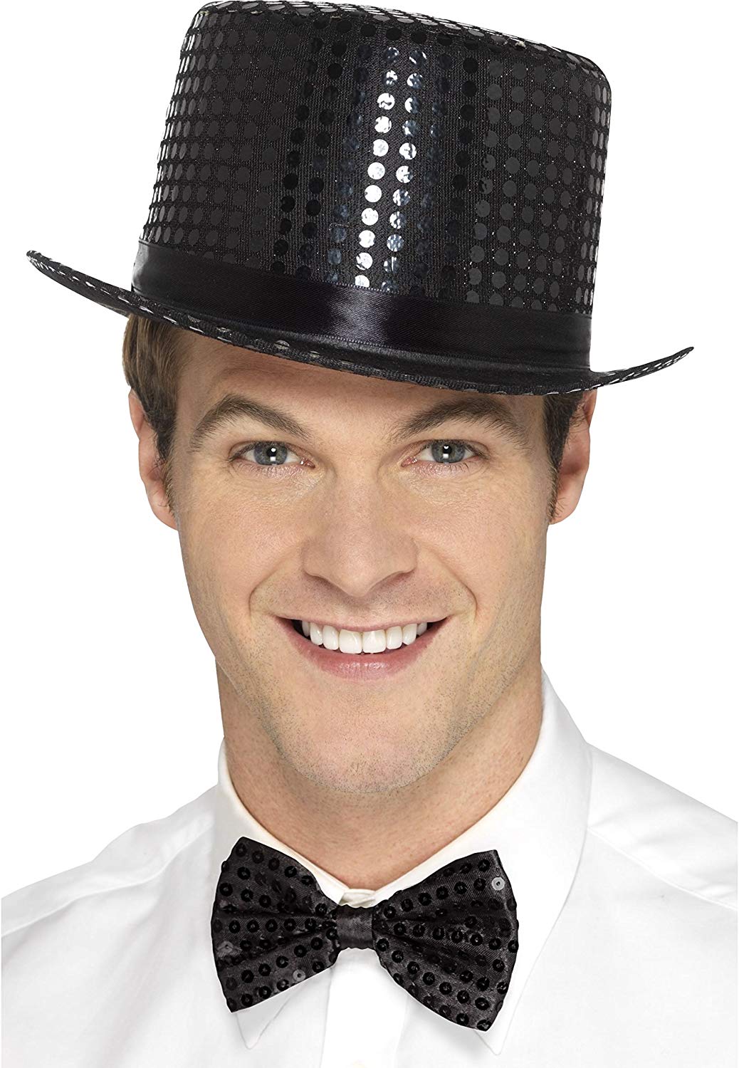 Smiffys Sequin Top Hat, Black with Elastic Inner Rim, Party & Carnival Fancy Dress, Adult Dress Up Hats