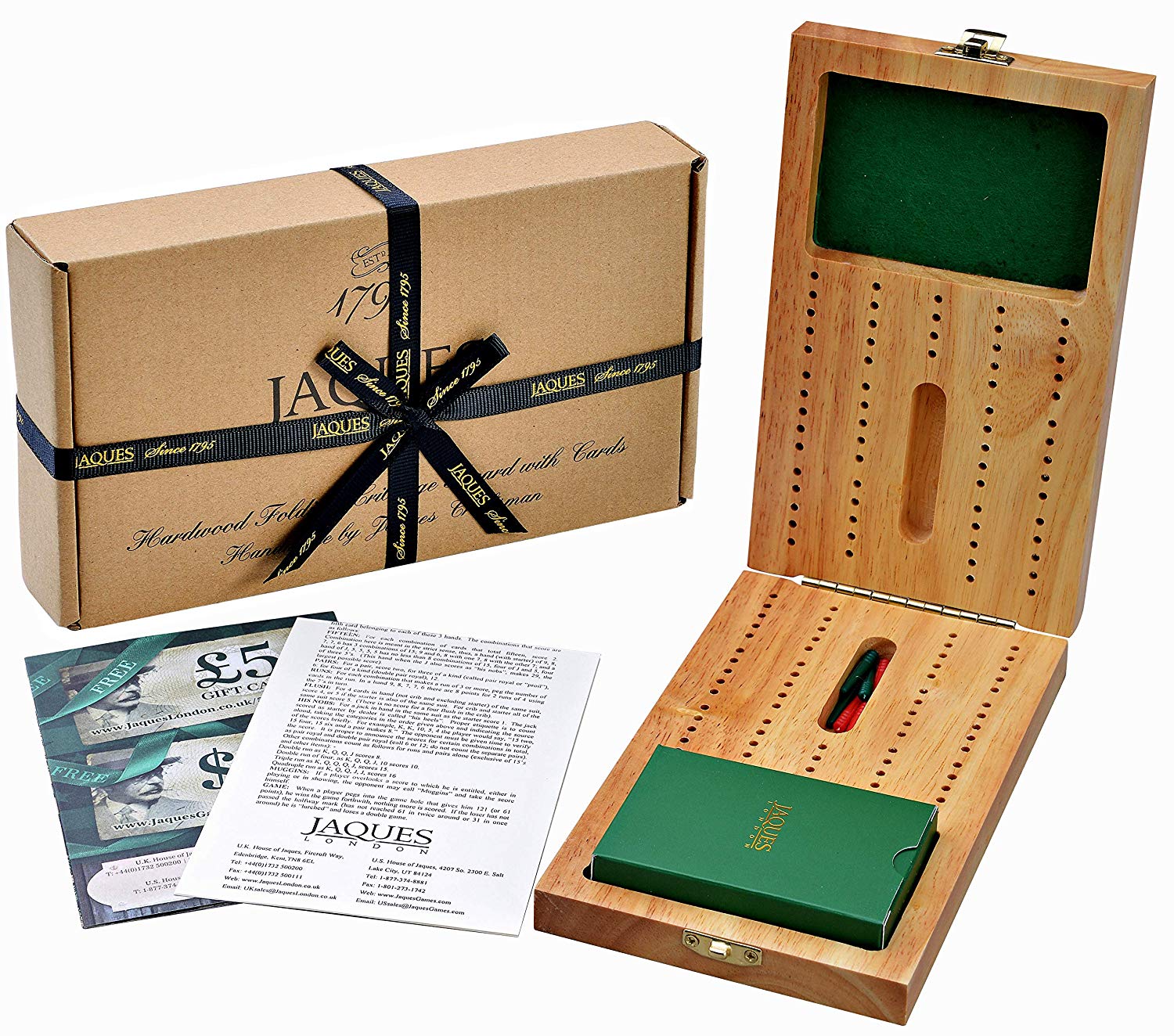 Jaques of London Cribbage Board Set, Traditional Card Game with Playing Cards, Pegs and Folding Hardwood Board