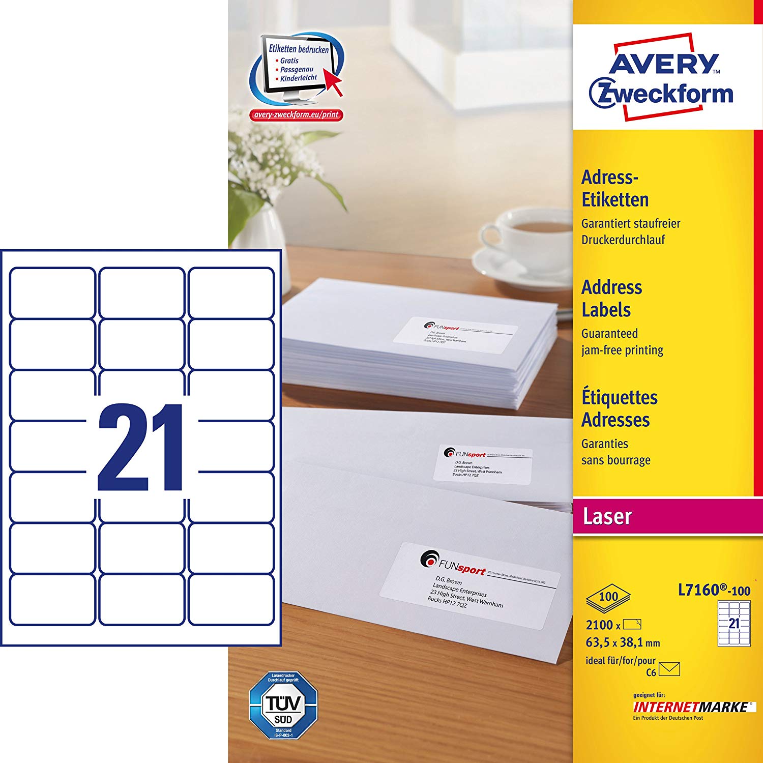 Avery Zweckform L7160-100 Address Labels 63.5 x 38.1 mm for C6 Envelopes 100 Sheets, White, 100 Blatt