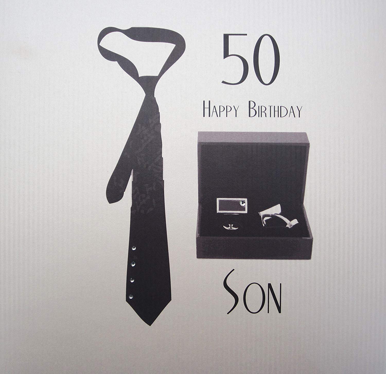 WHITE COTTON CARDS 50 Happy Son, Hand Finished Large 50th Birthday Card (Code XSBC50-S, Tie & Cufflinks)