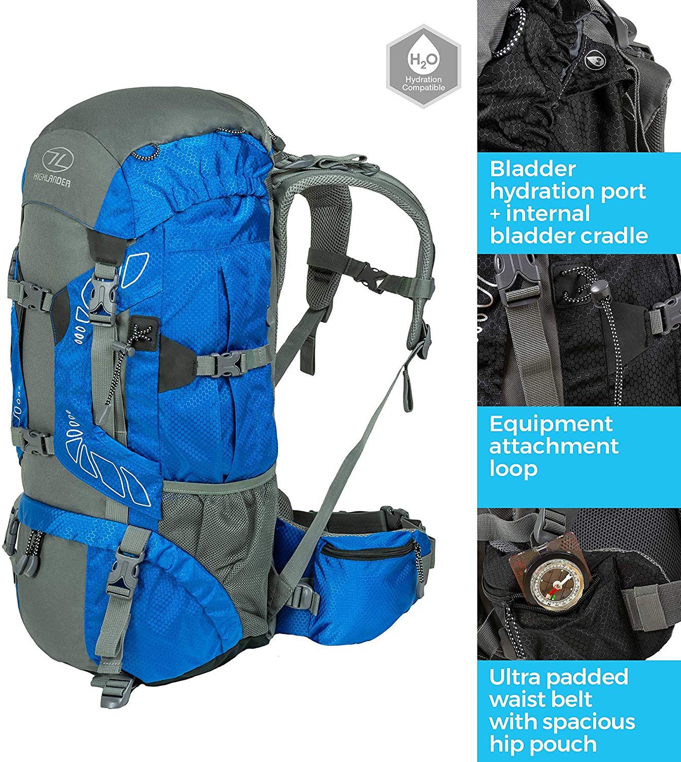 Highlander Lightweight Camping Rucksack - 45L, Blue, 65L - Image 2