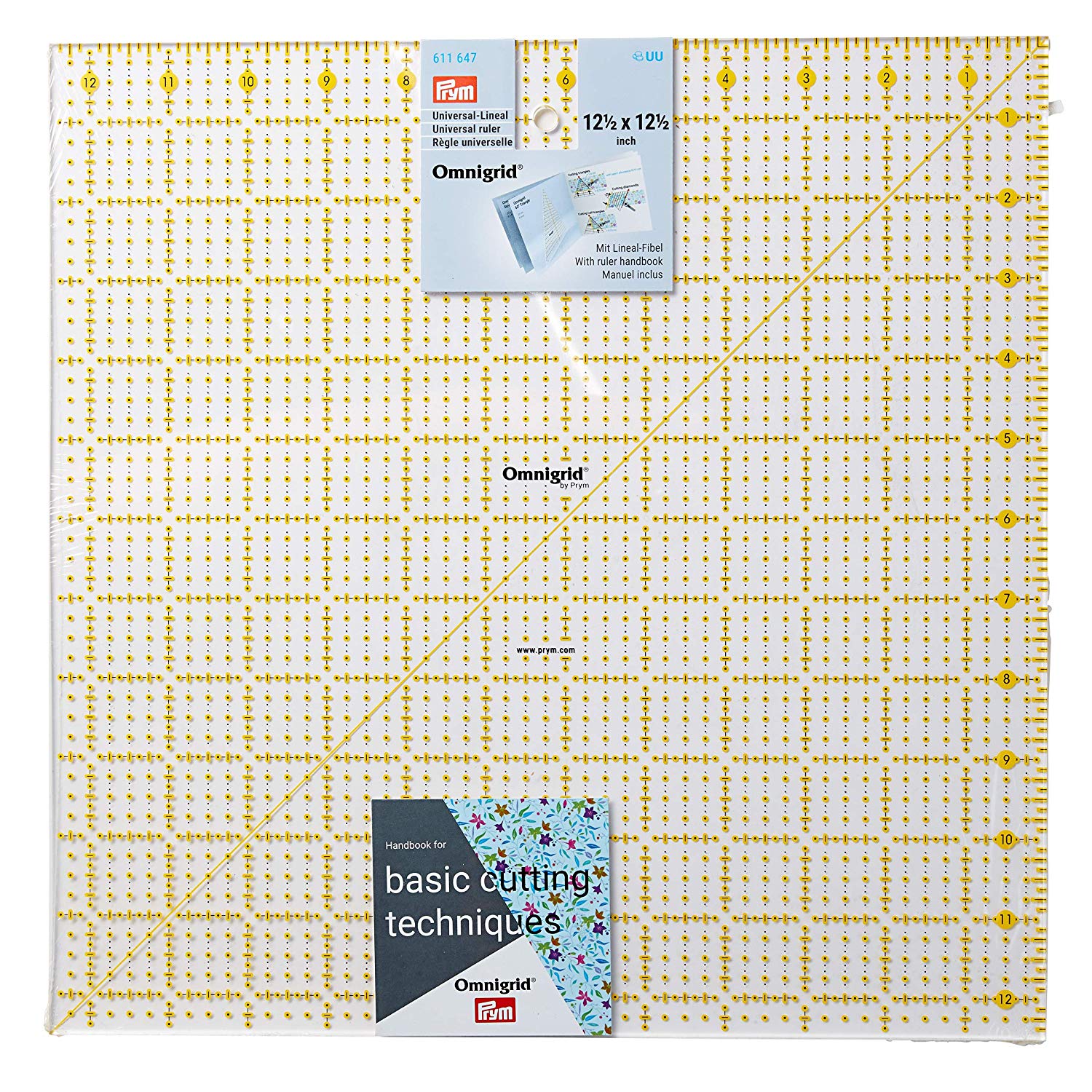 Prym Ruler, Transparent, Black, Yellow, 12.5 x 12.5 inch