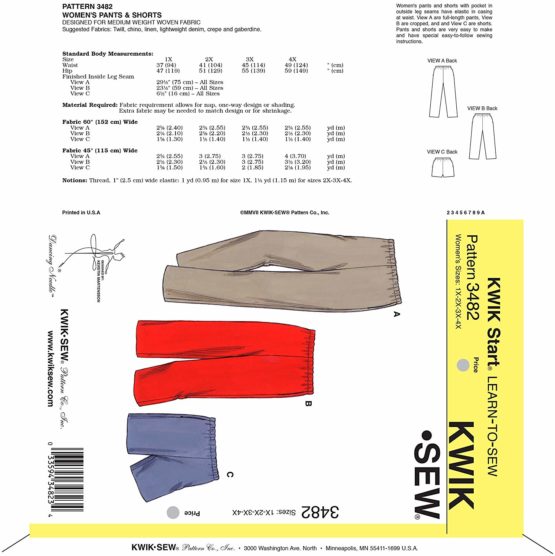 KWIK - SEW PATTERNS K3482 Size 1X - 2X - 3X - 4X Pants and Shorts, Pack of 1, White - Image 2
