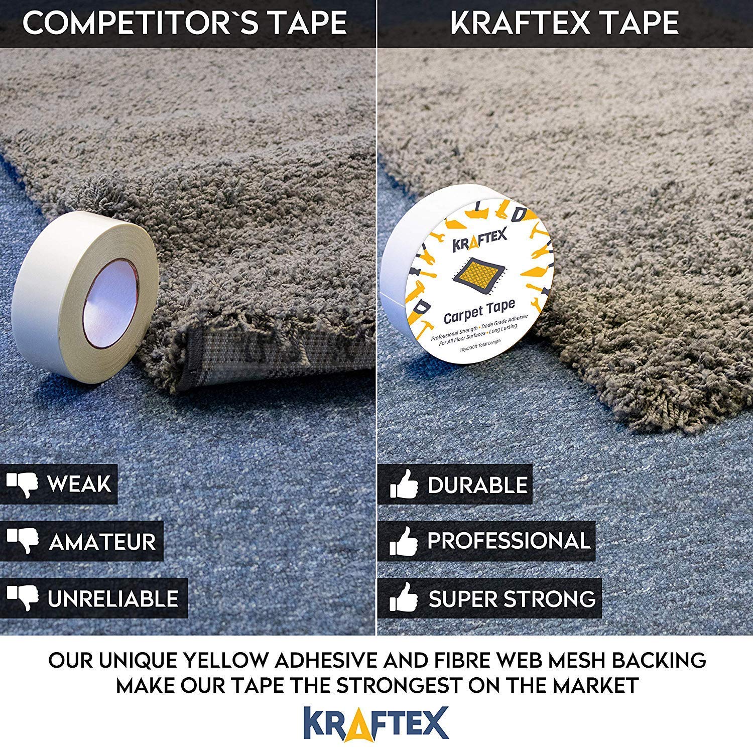 Kraftex Double Sided Carpet Tape 90ft/30Yrd Roll Heavy Duty for Rugs Mats, Pads & Runners. Rug Tape for Hardwood Floors Tile - Image 4