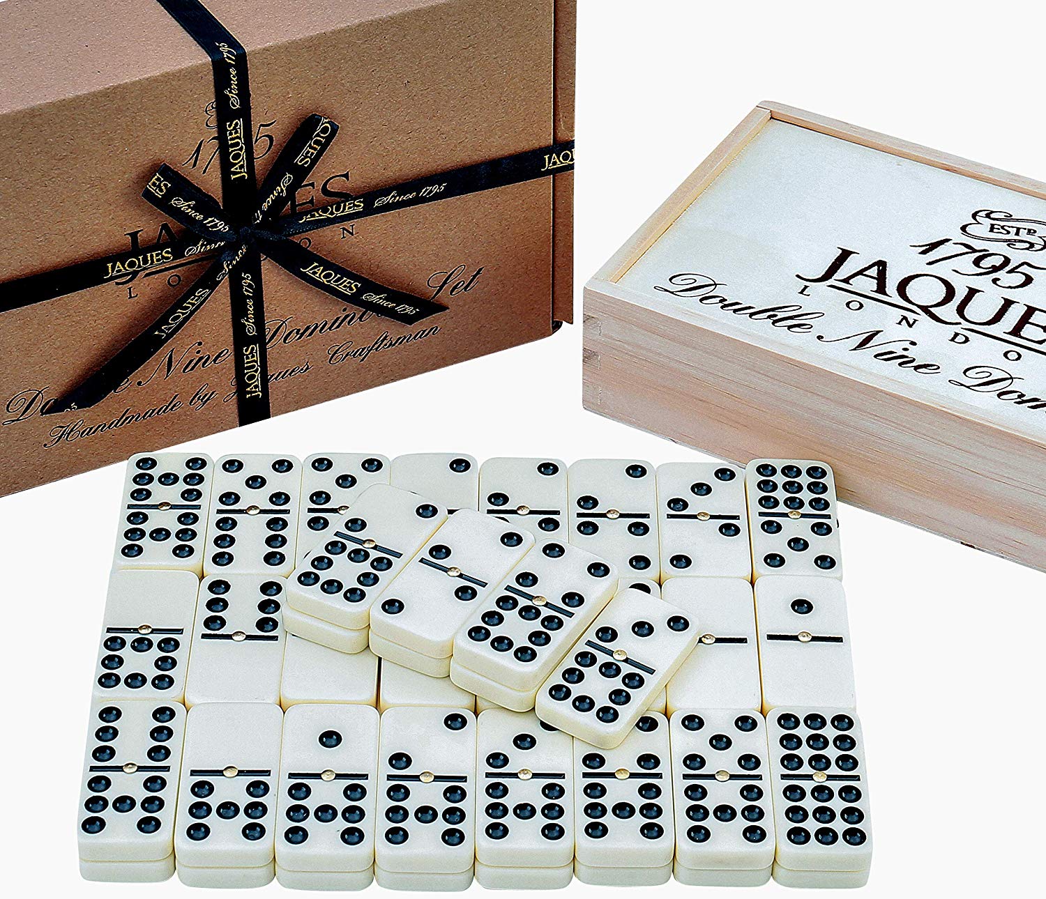 Jaques of London Dominoes - Club Double Nine Dominoes Set in Wooden Lid Slide D9 Box…, Black,ivory, Medium