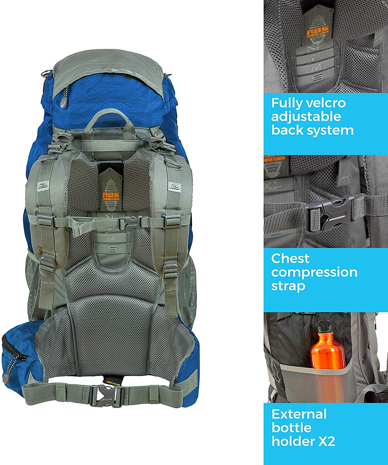 Highlander Lightweight Camping Rucksack - 45L, Blue, 65L - Image 3