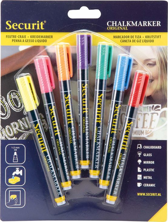 Securit BL-SMA100-V7-AS-7 Original Pieces Liquid Chalk Marker Blister Card Pack, Red/Blue/Yellow/Green/Pink/Orange/Violet, Small 1-2mm Nib, 7 pc, Multi-Color