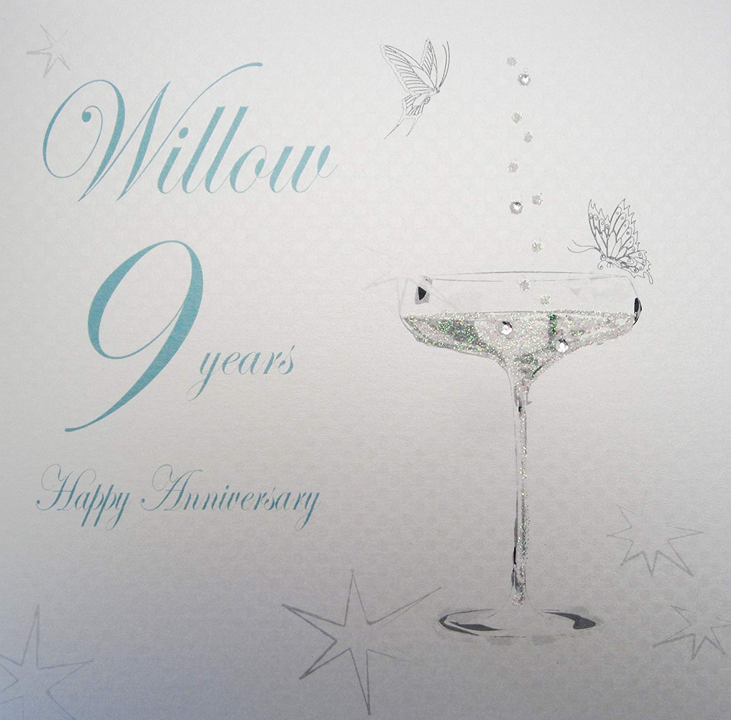 White Cotton Cards BD109C Coupe Glass "Happy Anniversary 'Willow' 9 Years" Handmade Anniversary Card, White