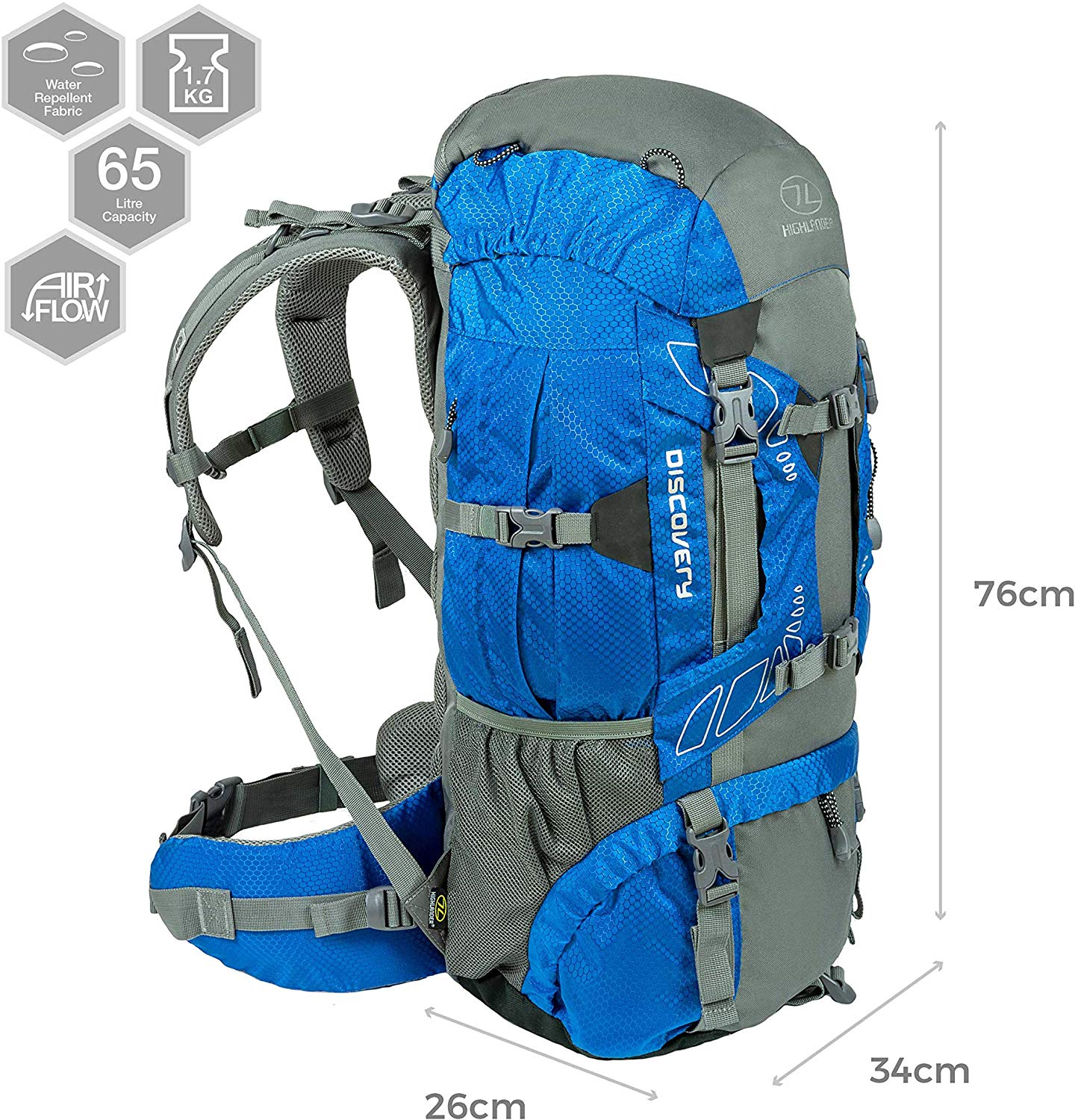 Highlander Lightweight Camping Rucksack - 45L, Blue, 65L - Image 4