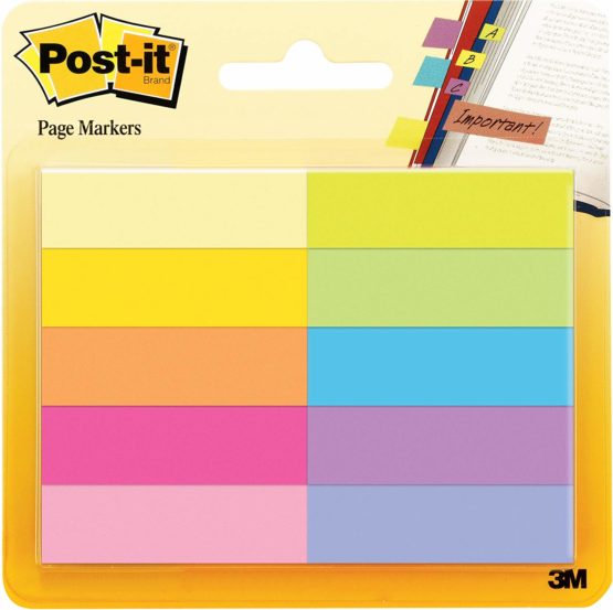 Post-it Page Markers – Self-adhesive document flags in assorted bright colours - 1 x pack of 10 pads, 50 markers per pad (12.7 mm x 44.4 mm)