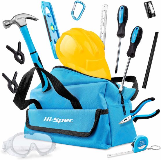 Hi-Spec 18 Piece Kid's Blue Tool Kit Set with Tool Bag. Real Metal DIY Hand Tools for Children & Starters Including Work Apron, Dust Glasses & More